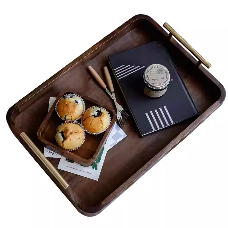 Japanese-style walnut wood breakfast tray with double handles for bread